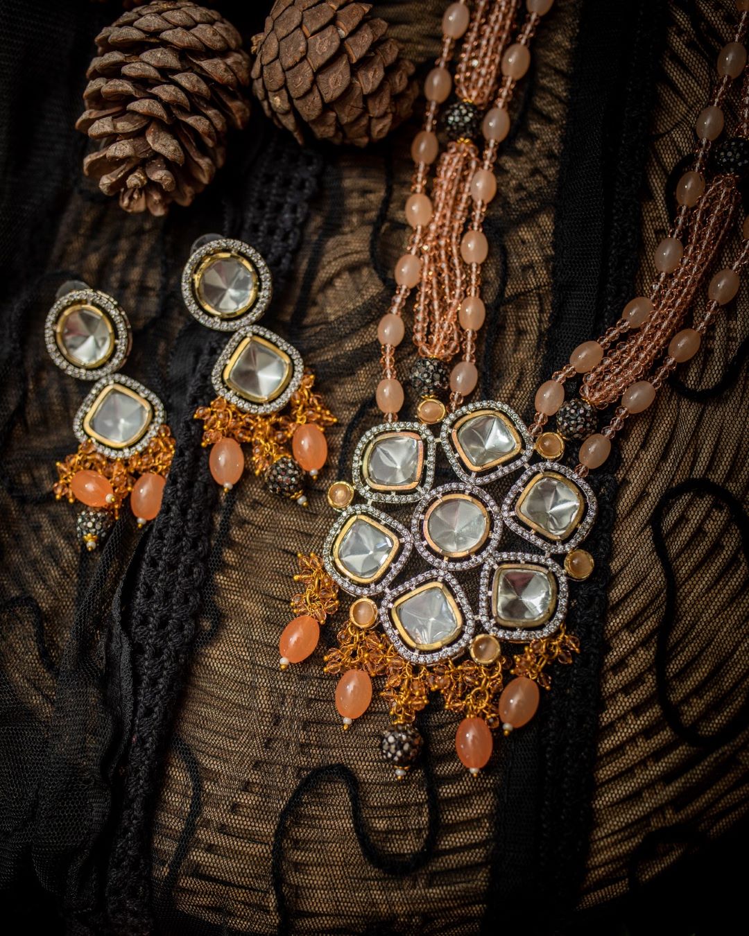Irya Polki Flower Long Necklace Set - Peach
