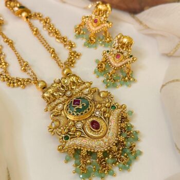 Kaanti Long Heritage Elephant Pendant Necklace Set - Seagreen