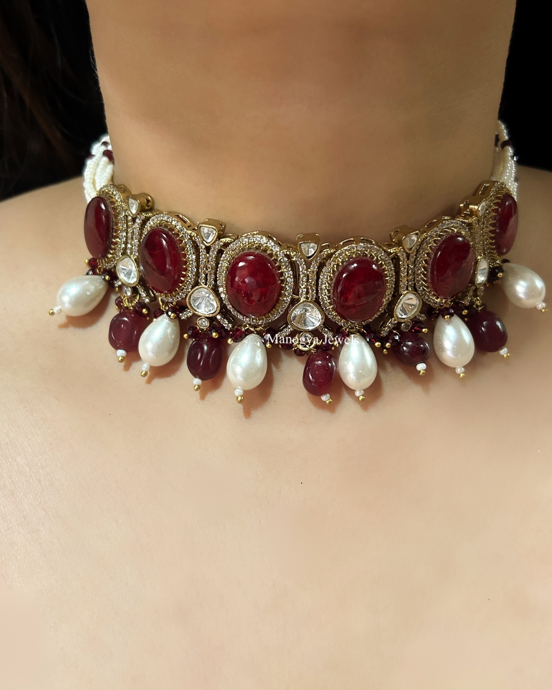 Kajol Polki Choker Necklace Set - Maroon
