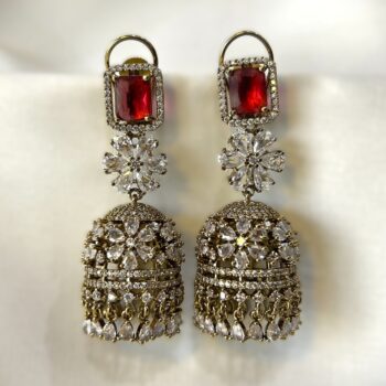 Kavya Antique Gold AD Jhumkas - Red