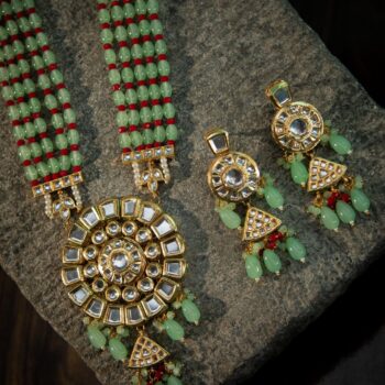 Madhavi Long Kundan Necklace Set – Sea Green