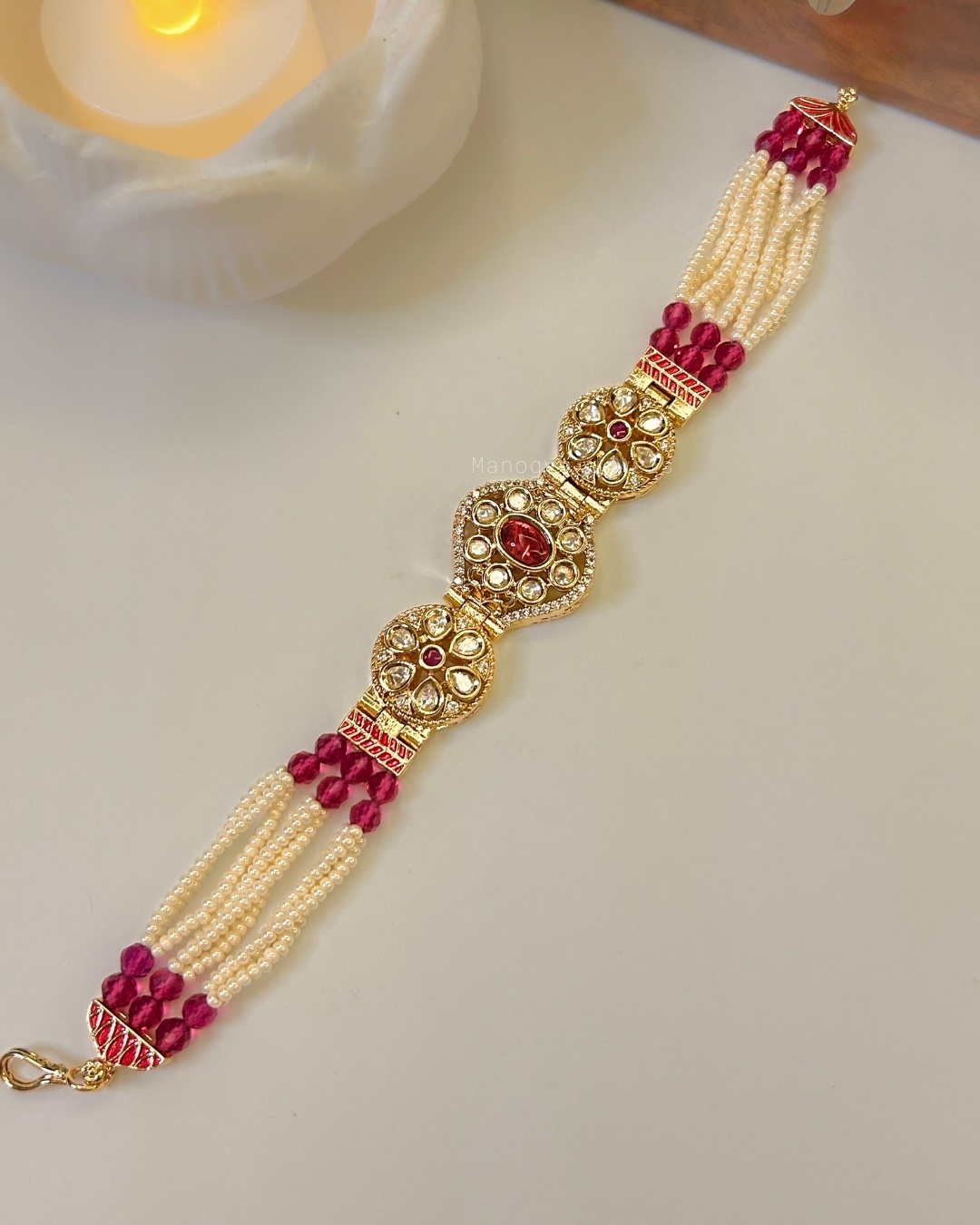 Manjari Polki Gajra Bracelet - Magenta