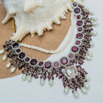 Meera Polki Diamond Necklace Set - Wine