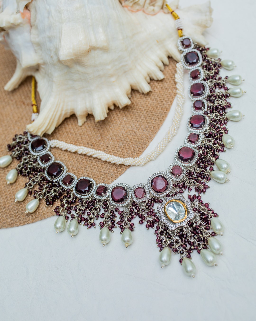 Meera Polki Diamond Necklace Set - Wine