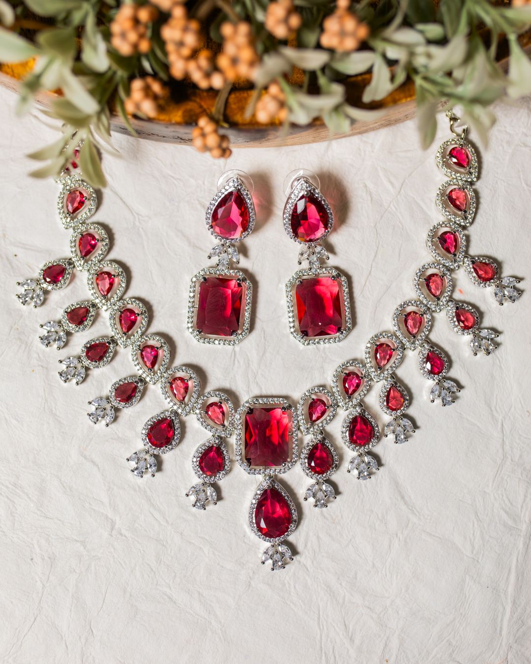 Minisha Diamond Necklace Set - Ruby Red