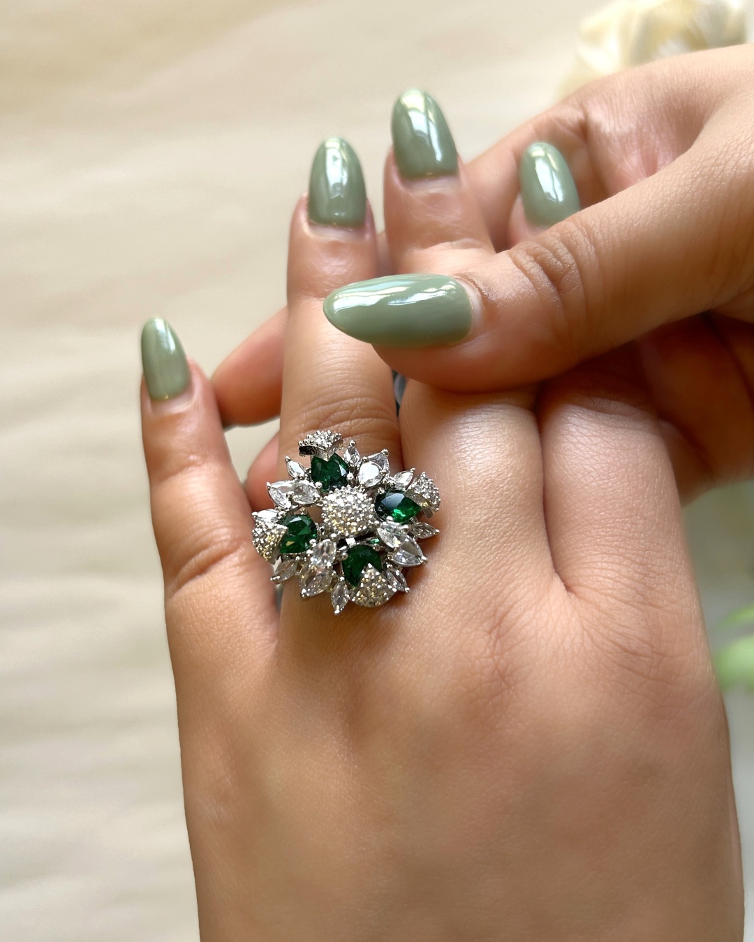 Piyali Flower Cocktail Ring - Emerald Green