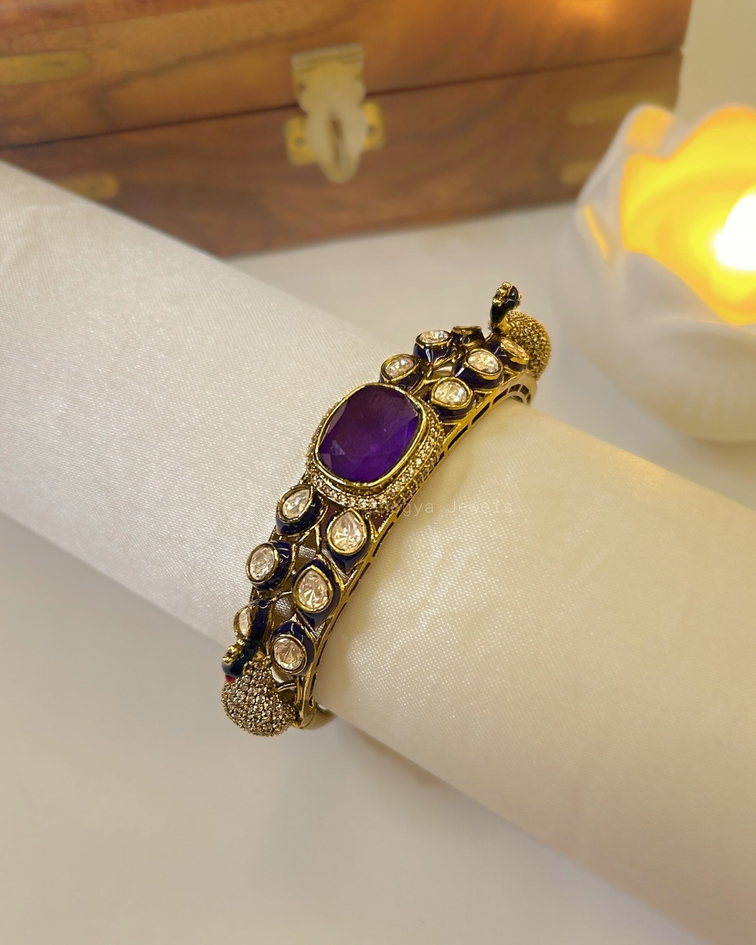 Preet Peacock Polki Cuff Bracelet - Purple