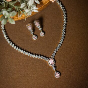 Saee V-neck AD Drop Necklace Set - Pink