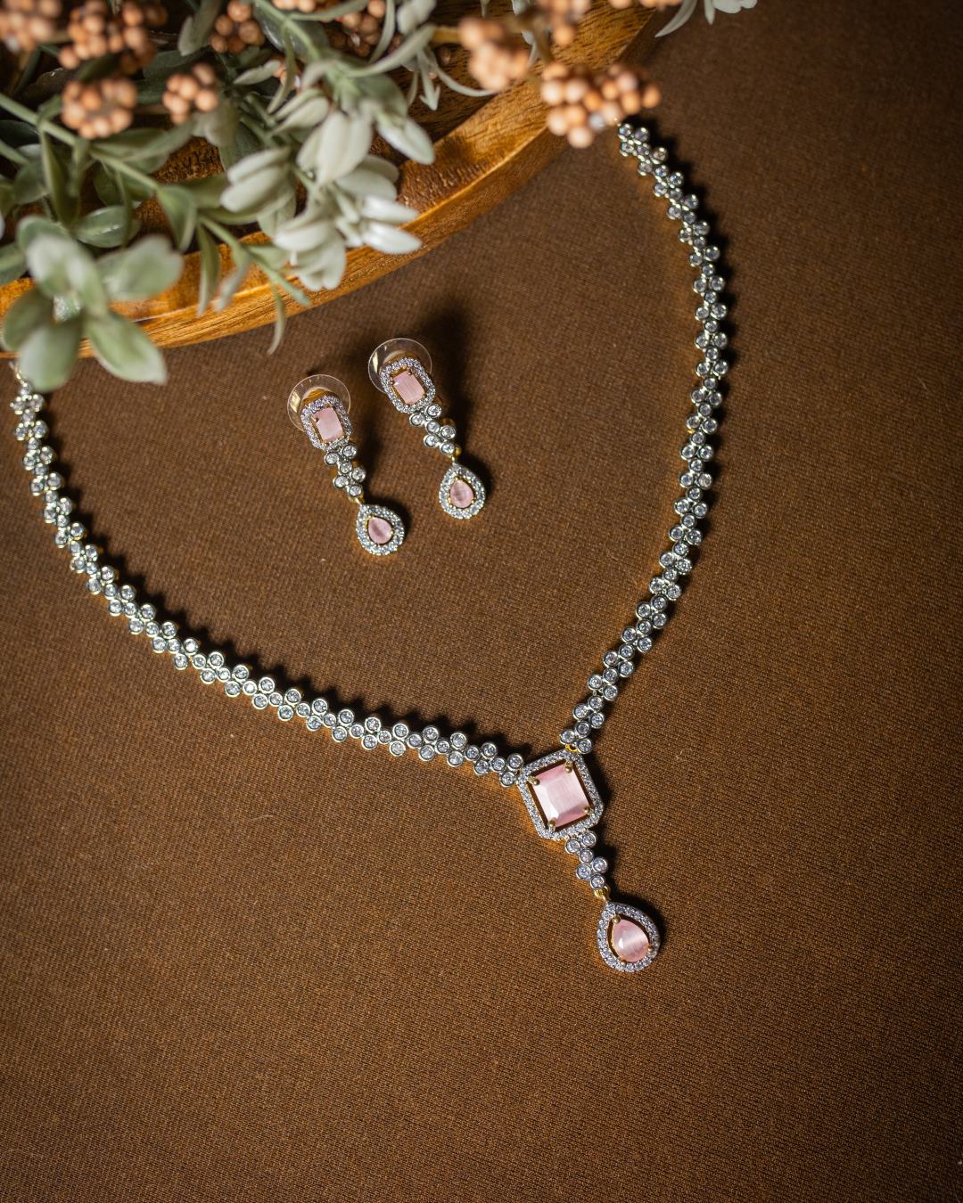 Saee V-neck AD Drop Necklace Set - Pink