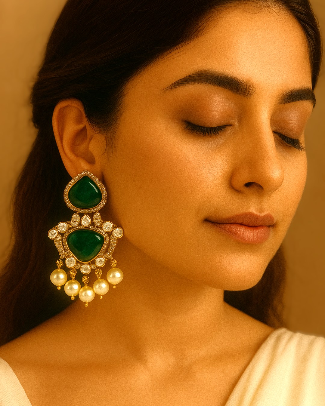 Saisha Polki Doublet Stone Earrings - Emerald Green