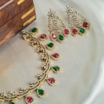 Saloni Victorian AD Necklace Set - Magenta/Green