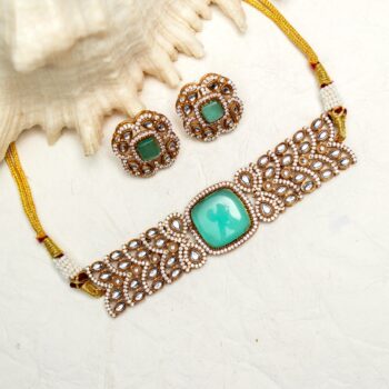 Shyama Kundan Choker Necklace Set - Mint Blue