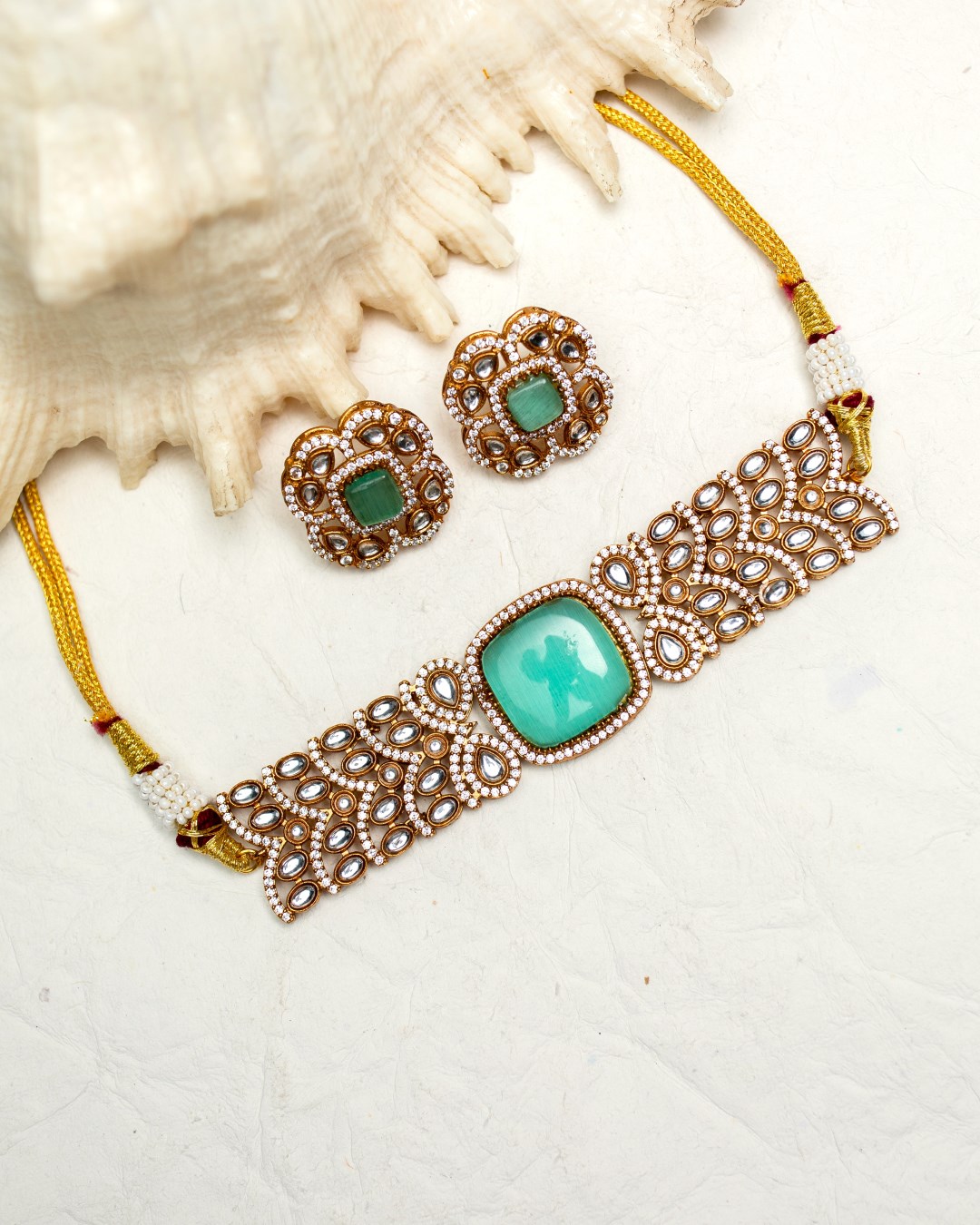 Shyama Kundan Choker Necklace Set - Mint Blue