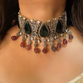Siya Polki Choker Necklace Set - Green