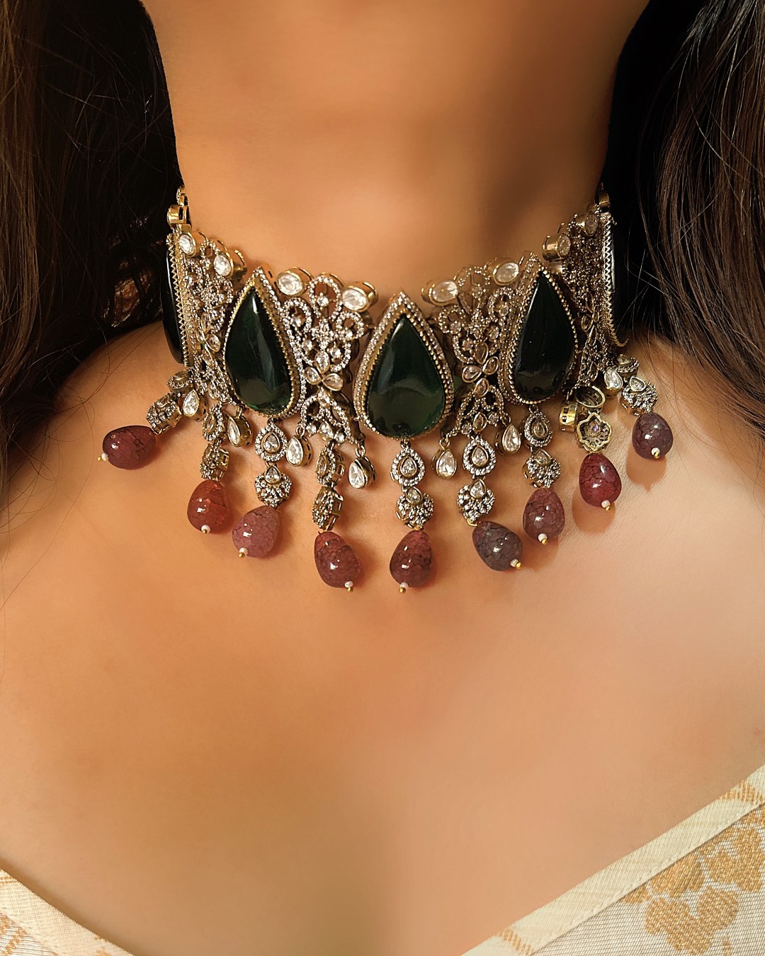 Siya Polki Choker Necklace Set - Green