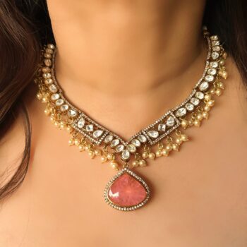 Tanvi Polki Necklace Set - Pink