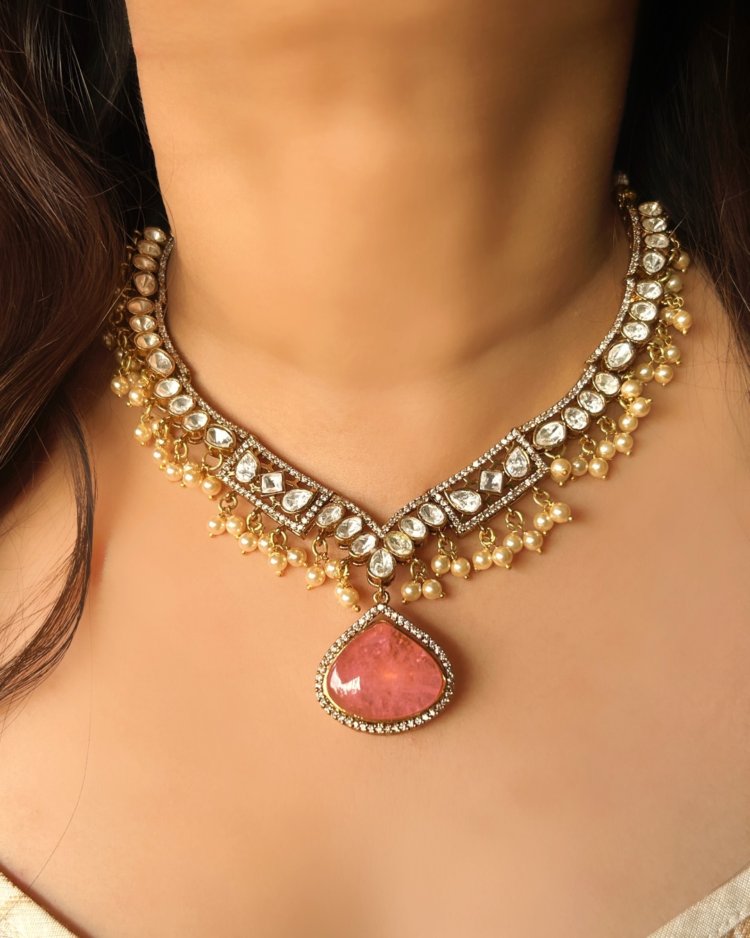 Tanvi Polki Necklace Set - Pink