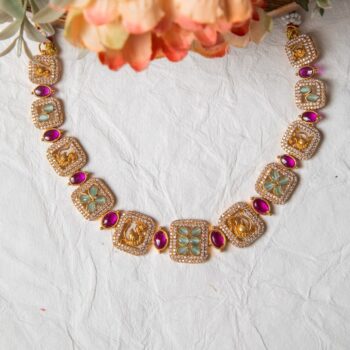 Aarohi Peacock Motif Necklace Set - Mint Blue