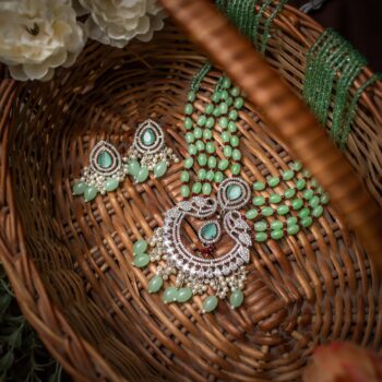 Aradhana Long Diamond Necklace Set - Seagreen
