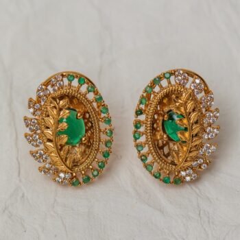 Bela Gold Leaf Stud Earrings - Green