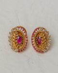 Bela Gold Leaf Stud Earrings - Magenta