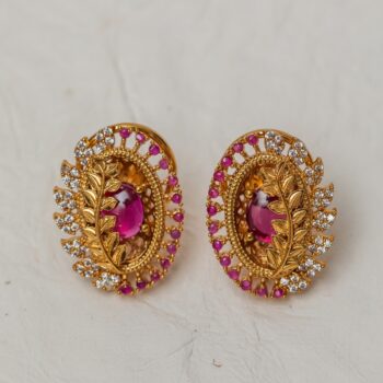 Bela Gold Leaf Stud Earrings - Magenta