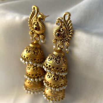 Chandanam 3-Layer Gold Peacock Jhumka