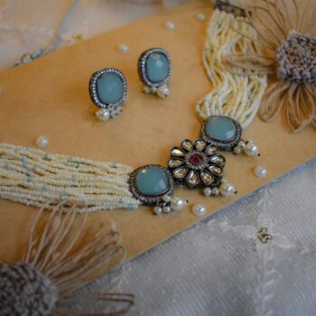 Swara Stone Choker Necklace Set - Sky Blue