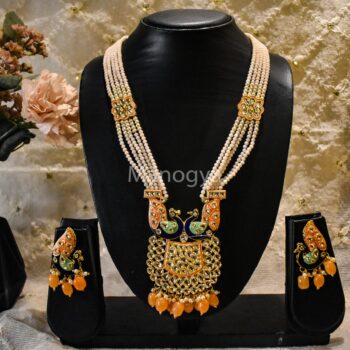 Mrinmai Kundan Long Necklace Set - Peach