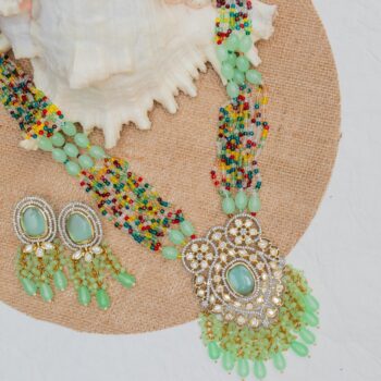 Damini Kundan Necklace Set - Seagreen