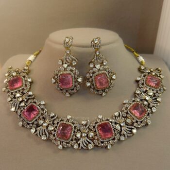 Diljit Luxurious Polki Necklace Set - Pink