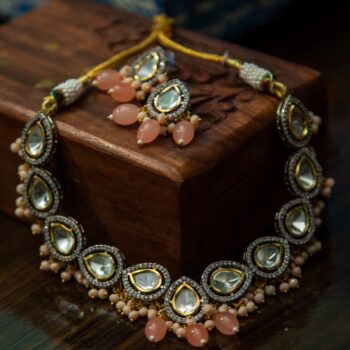 Inayat Polki Necklace Set - Peach