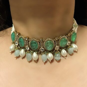 Kajol Polki Choker Necklace Set - Sea Green