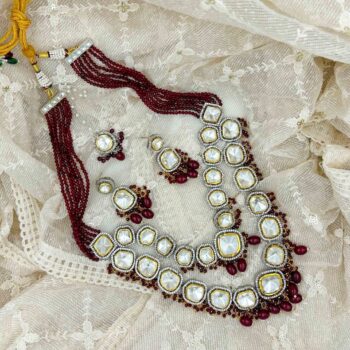 Katha Long Polki Necklace Set - Maroon