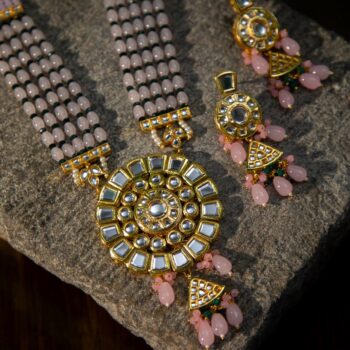Madhavi Long Kundan Necklace Set - Pink