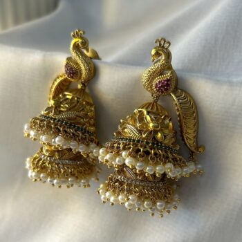 Mayura Antique Gold-Plated Peacock Double Jhumkas
