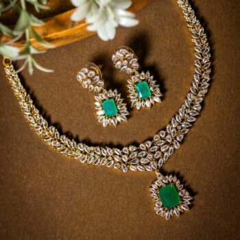 Nauheed Intricate Diamond Necklace Set - Emerald Green