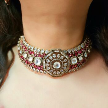 Sadhna Kundan Choker Necklace Set - Magenta