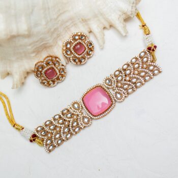 Shyama Kundan Choker Necklace Set - Pink