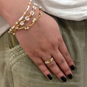 White Blossoms Bead Bracelet and Ring Stack
