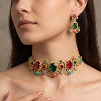 Advika Multicolour Choker Necklace Set - Green